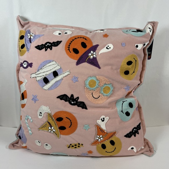 Lunaville Smiley Happy Face Decorative Halloween Pillow‎ Witches Bats Pink Green - Picture 1 of 8